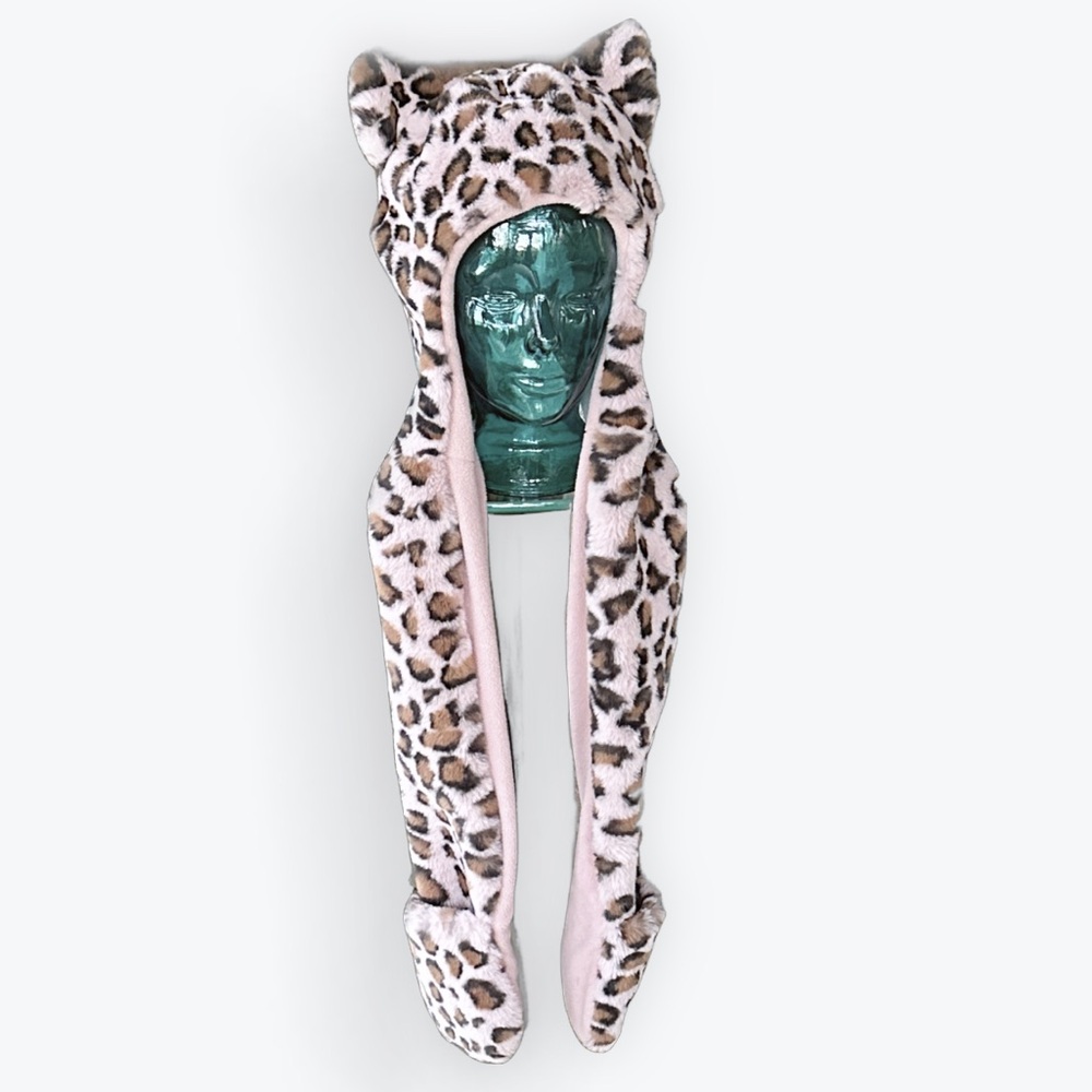 Y2K McBling Kawaii Pink Leopard Fur Cute Ears & Attached Pocket Scarf Hat ~ OS - Picture 6 of 10